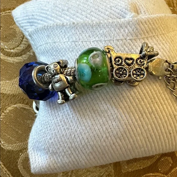 Elegant Silver Pandora Style Charm Bracelet w/ Blue, Green & Baby type Accents - Picture 4 of 5
